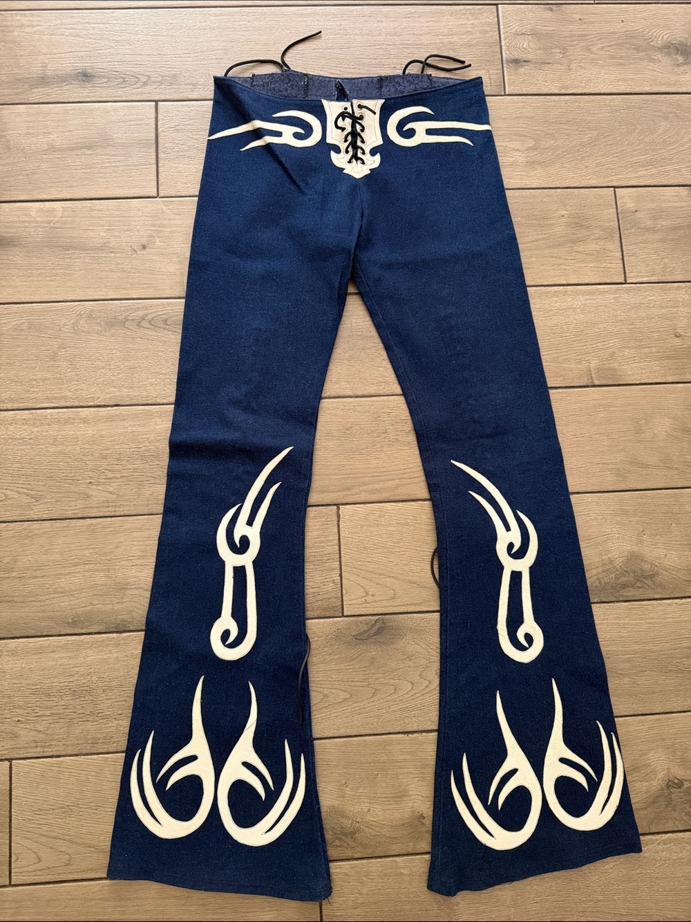 Electric Barbarella Navy Flare Jeans with Cream Tribal Lace-Up Waist